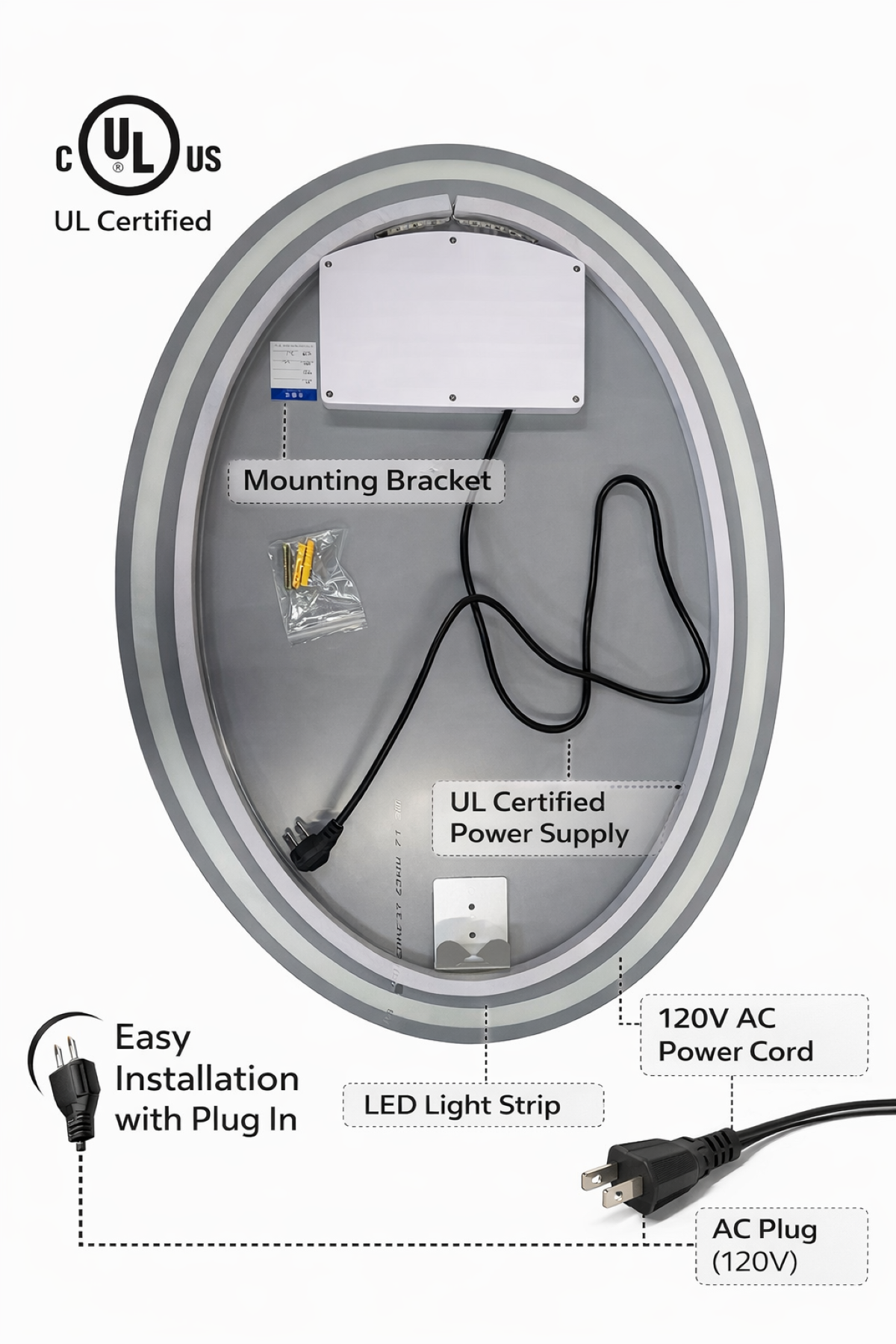 Mango Oval LED Bathroom Mirror, Dimmable 3-Color Light, 24 x 32 Inch