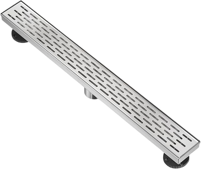 24" Linear Rectangle Shower Floor Drain Channel for Bathroom, Fast Drainage with Hair Strainer, CUPC Certified, Adjustable Leveling Feet with Removable Pattern Grate (Brushed Nickel, 24 Inch)