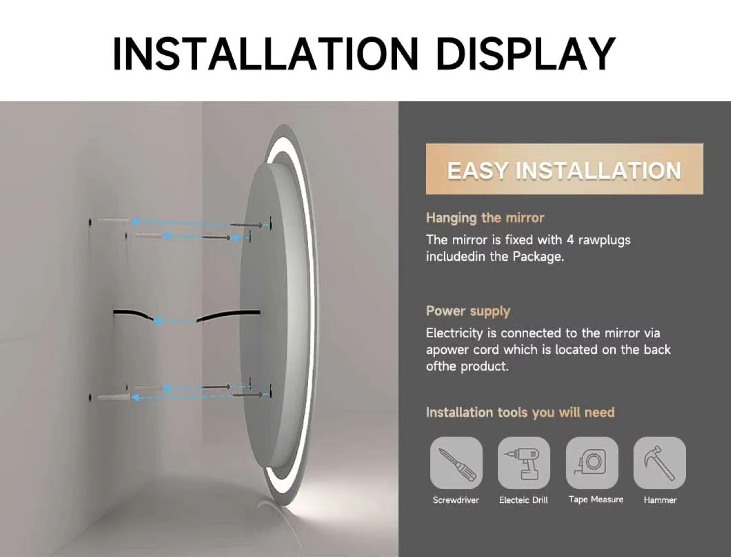 Mango 24 Inch Round LED Bathroom Mirror with Dimmable 3-Color Light