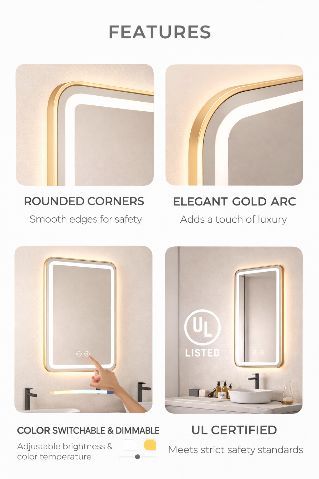 Mango Gold Framed LED Bathroom Mirror, Dimmable 3-Color Light, 24 x 32 Inch