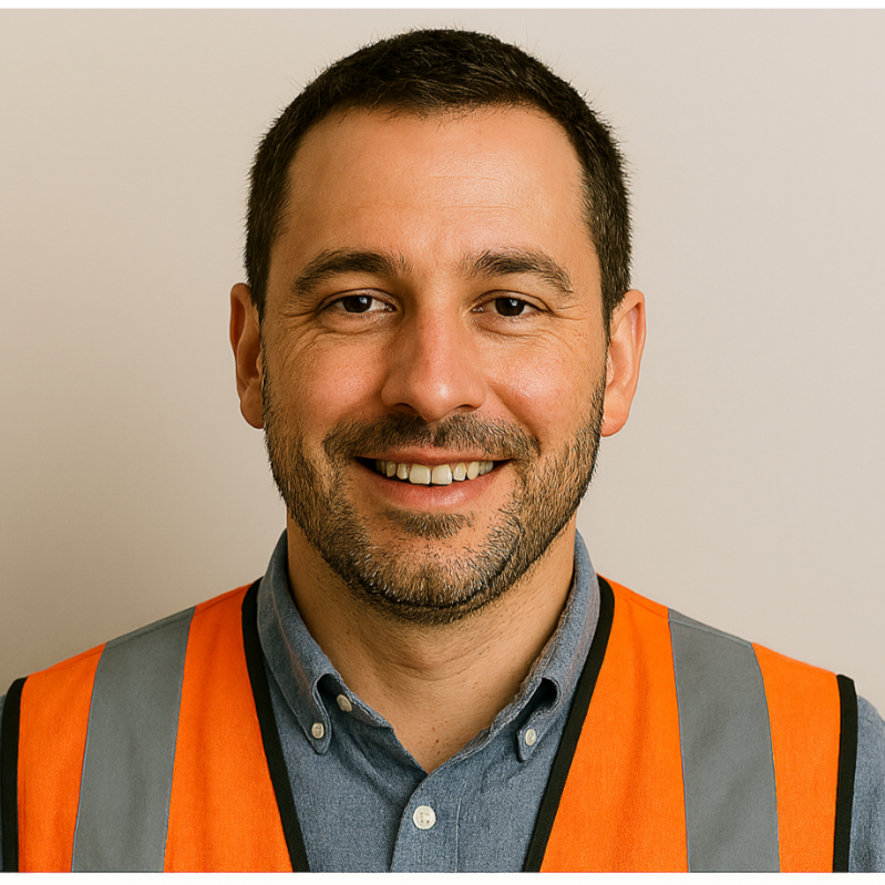 Man wearing an orange safety vest against a plain background