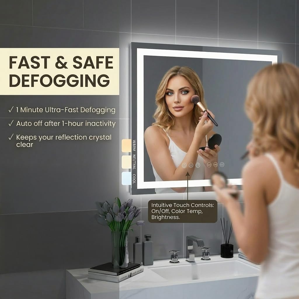 Mango 48 x 32 Inch Rectangular LED Bathroom Mirror with Anti-Fog and Dimmable 3-Color Light