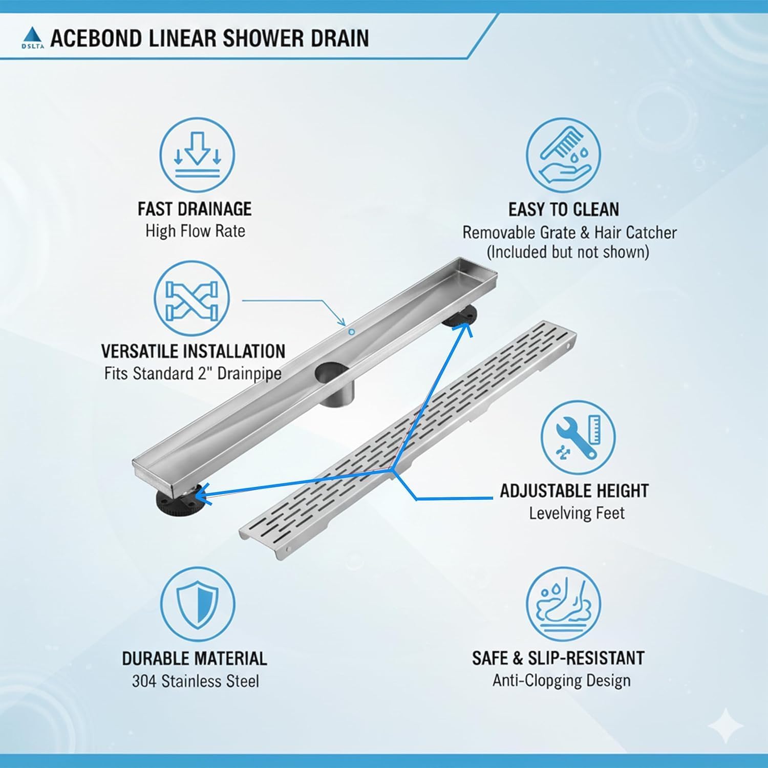 24" Linear Rectangle Shower Floor Drain Channel for Bathroom, Fast Drainage with Hair Strainer, CUPC Certified, Adjustable Leveling Feet with Removable Pattern Grate (Brushed Nickel, 24 Inch)