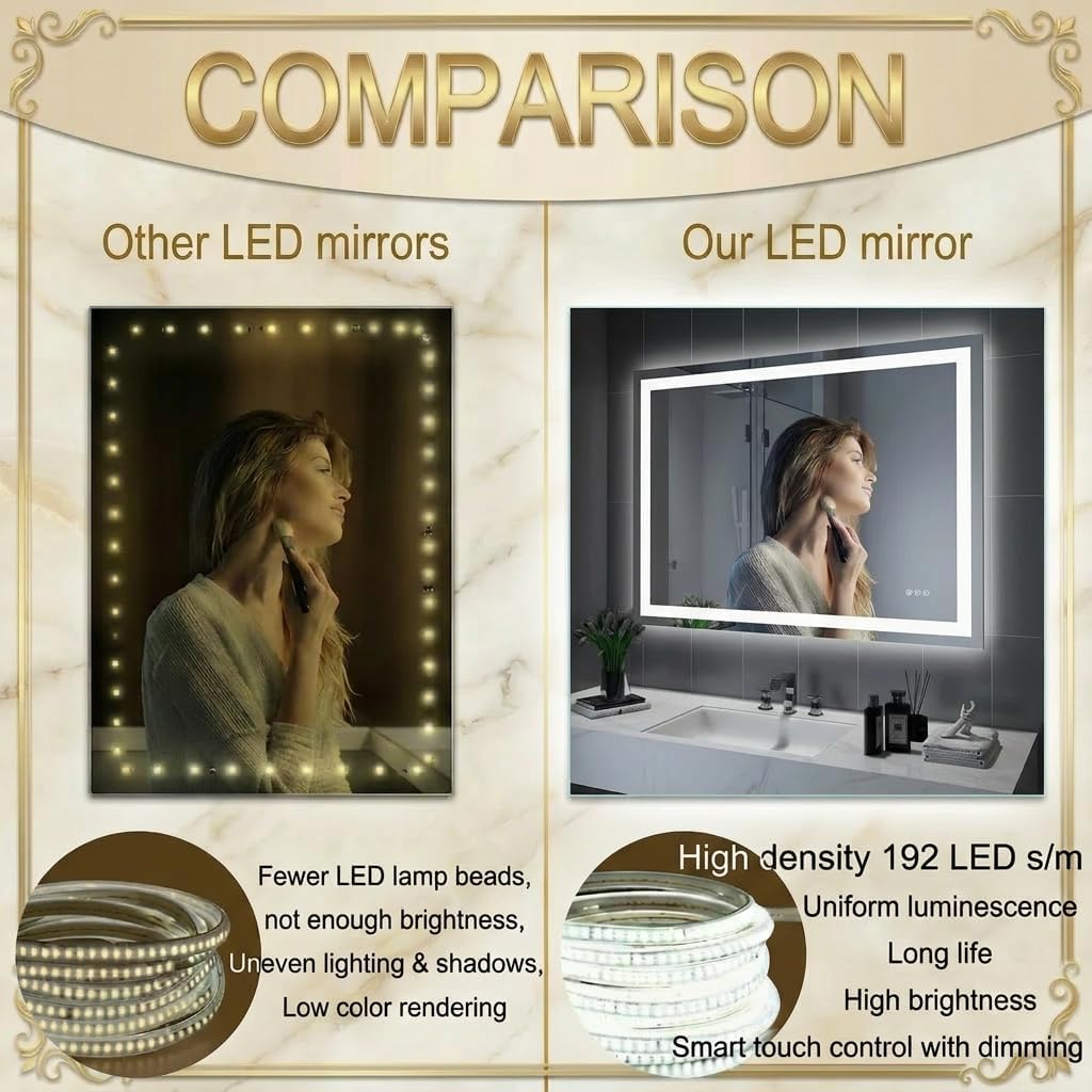 Mango 48 x 32 Inch Rectangular LED Bathroom Mirror with Anti-Fog and Dimmable 3-Color Light