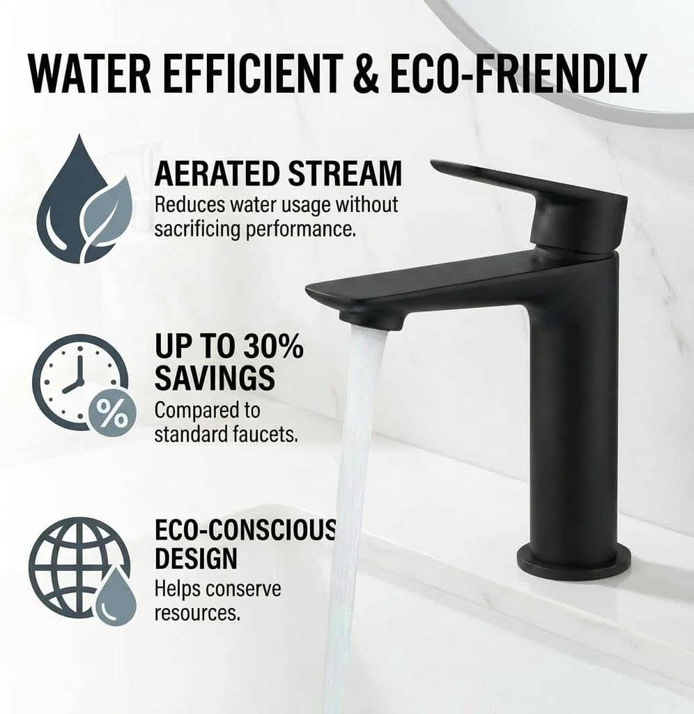 Black Single Hole Bathroom Vanity Faucet 1 Hole, Single Handle Bathroom Sink Faucet, Robinet monotrou Salle de bain, 304SUS Stainless Steel with Pure in-Built Copper (Triangular Body, Black)