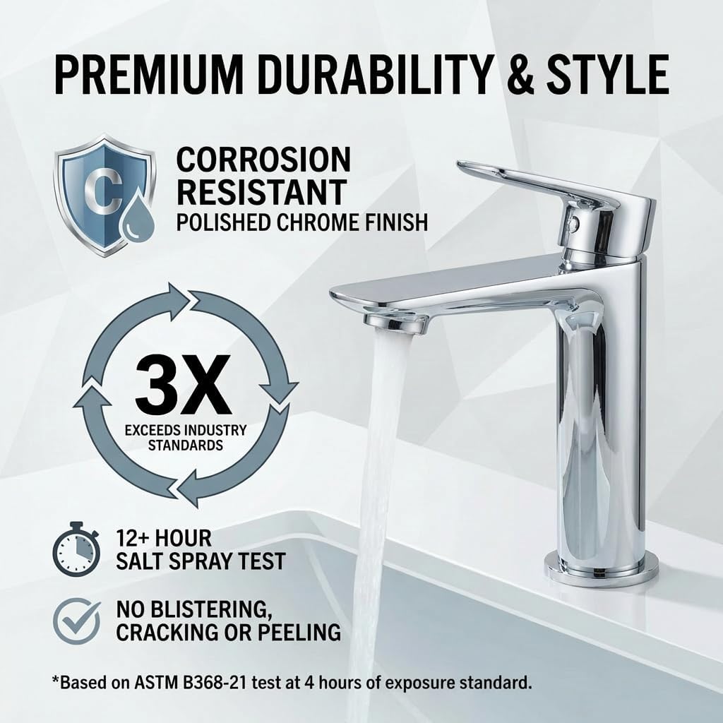 Chrome Single Hole Bathroom Vanity Faucet 1 Hole, Single Handle Bathroom Sink Faucet, 304SUS Stainless Steel with Pure in-Built Copper (Triangular Body, Chrome-30340)