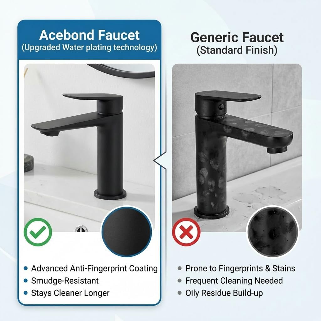 Black Single Hole Bathroom Vanity Faucet 1 Hole, Single Handle Bathroom Sink Faucet, Robinet monotrou Salle de bain, 304SUS Stainless Steel with Pure in-Built Copper (Triangular Body, Black)
