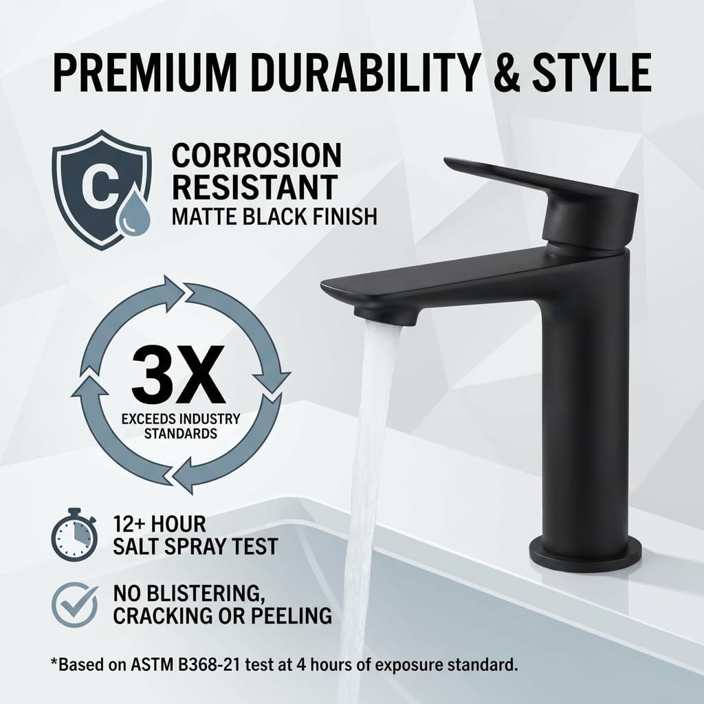 Black Single Hole Bathroom Vanity Faucet 1 Hole, Single Handle Bathroom Sink Faucet, Robinet monotrou Salle de bain, 304SUS Stainless Steel with Pure in-Built Copper (Triangular Body, Black)