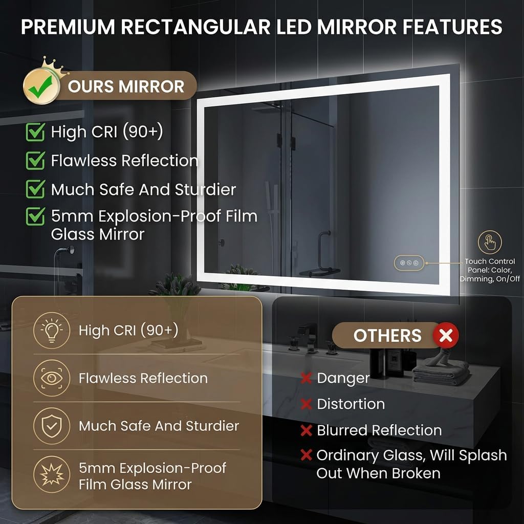 Mango 48 x 32 Inch Rectangular LED Bathroom Mirror with Anti-Fog and Dimmable 3-Color Light