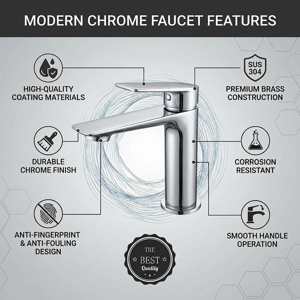 Chrome Single Hole Bathroom Vanity Faucet 1 Hole, Single Handle Bathroom Sink Faucet, 304SUS Stainless Steel with Pure in-Built Copper (Triangular Body, Chrome-30340)