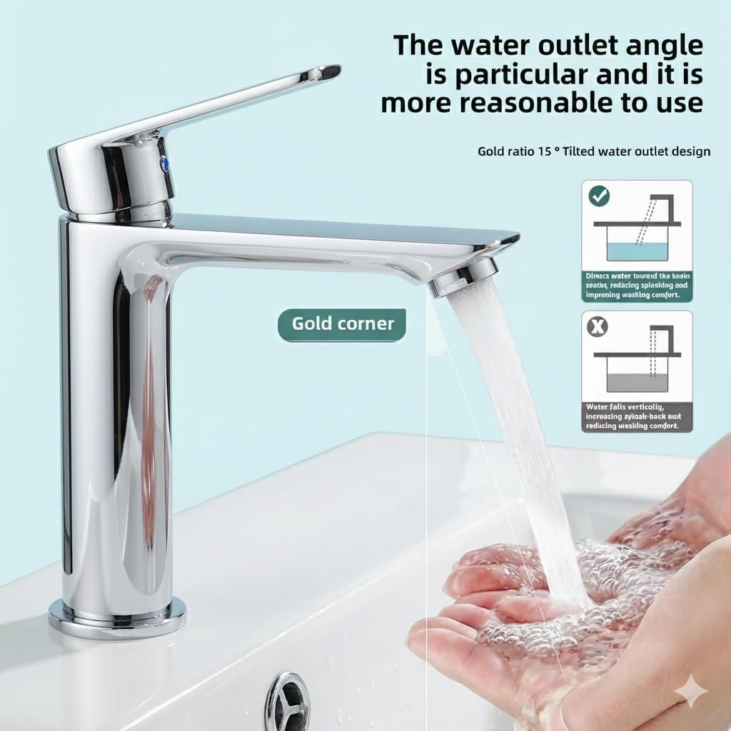 Chrome Single Hole Bathroom Vanity Faucet 1 Hole, Single Handle Bathroom Sink Faucet, 304SUS Stainless Steel with Pure in-Built Copper (Triangular Body, Chrome-30340)