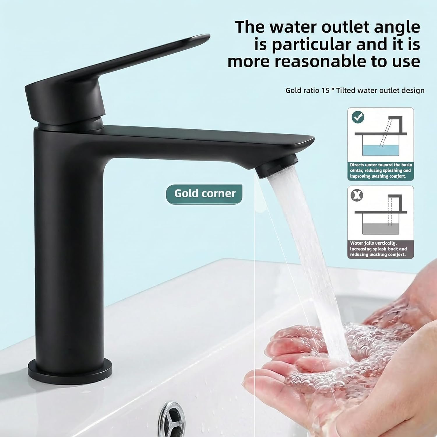Black Single Hole Bathroom Vanity Faucet 1 Hole, Single Handle Bathroom Sink Faucet, Robinet monotrou Salle de bain, 304SUS Stainless Steel with Pure in-Built Copper (Triangular Body, Black)