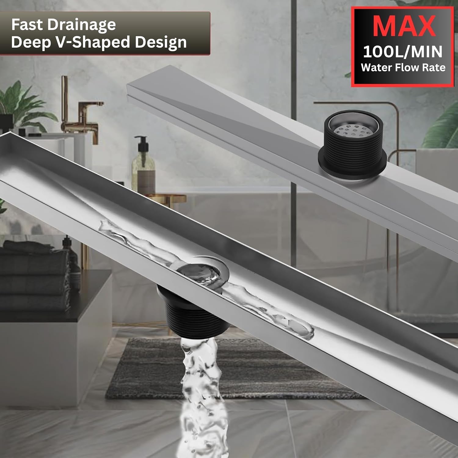 24" Linear Rectangle Shower Floor Drain Channel for Bathroom, Fast Drainage with Hair Strainer, CUPC Certified, Adjustable Leveling Feet with Removable Pattern Grate (Brushed Nickel, 24 Inch)
