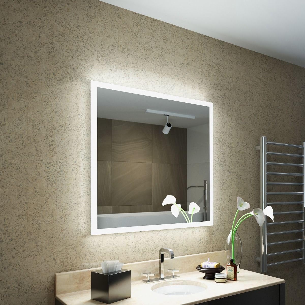 Mango 28 x 32 Inch Rectangular LED Bathroom Mirror with Anti-Fog and Dimmable 3-Color Light