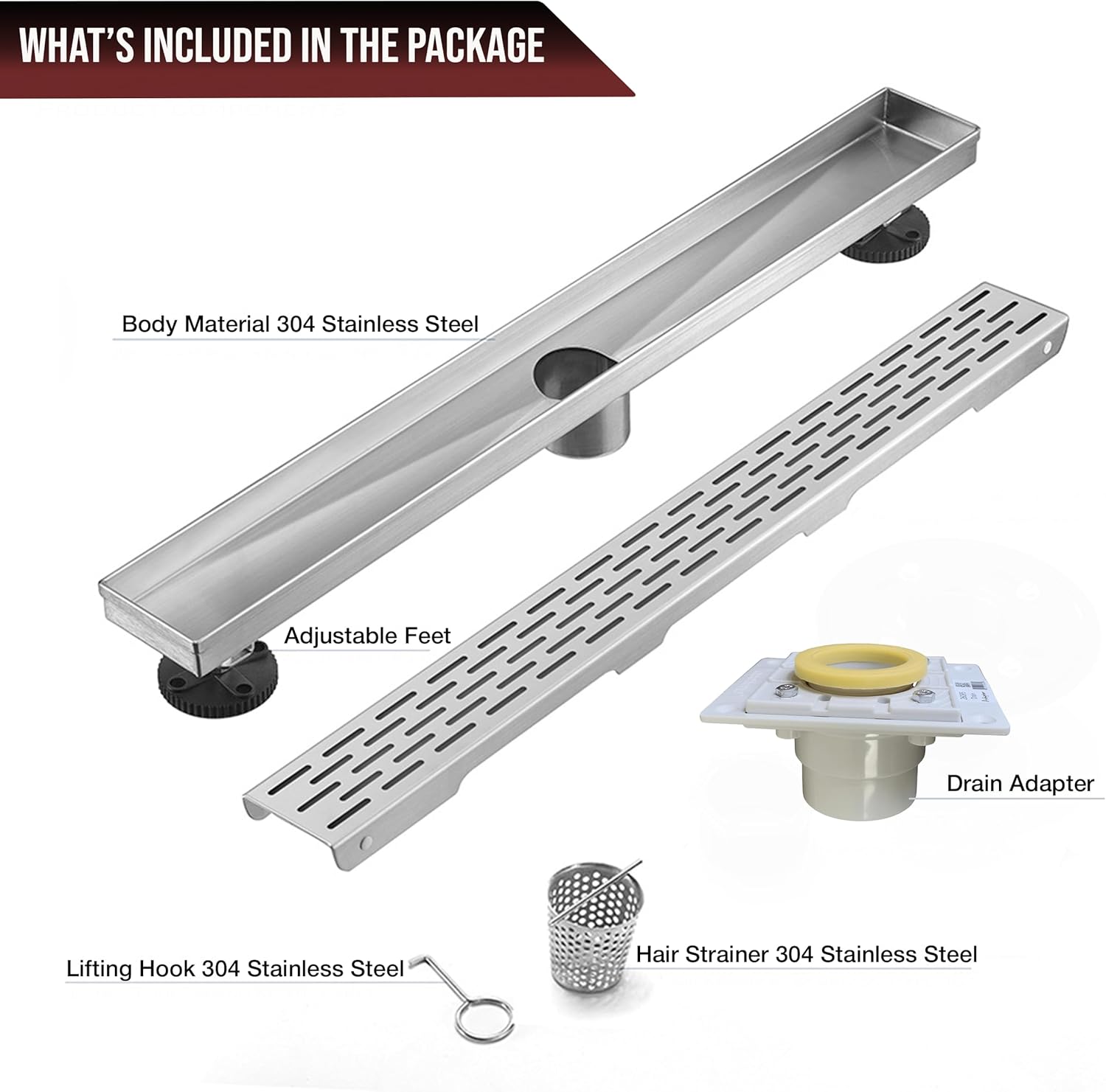24" Linear Rectangle Shower Floor Drain Channel for Bathroom, Fast Drainage with Hair Strainer, CUPC Certified, Adjustable Leveling Feet with Removable Pattern Grate (Brushed Nickel, 24 Inch)