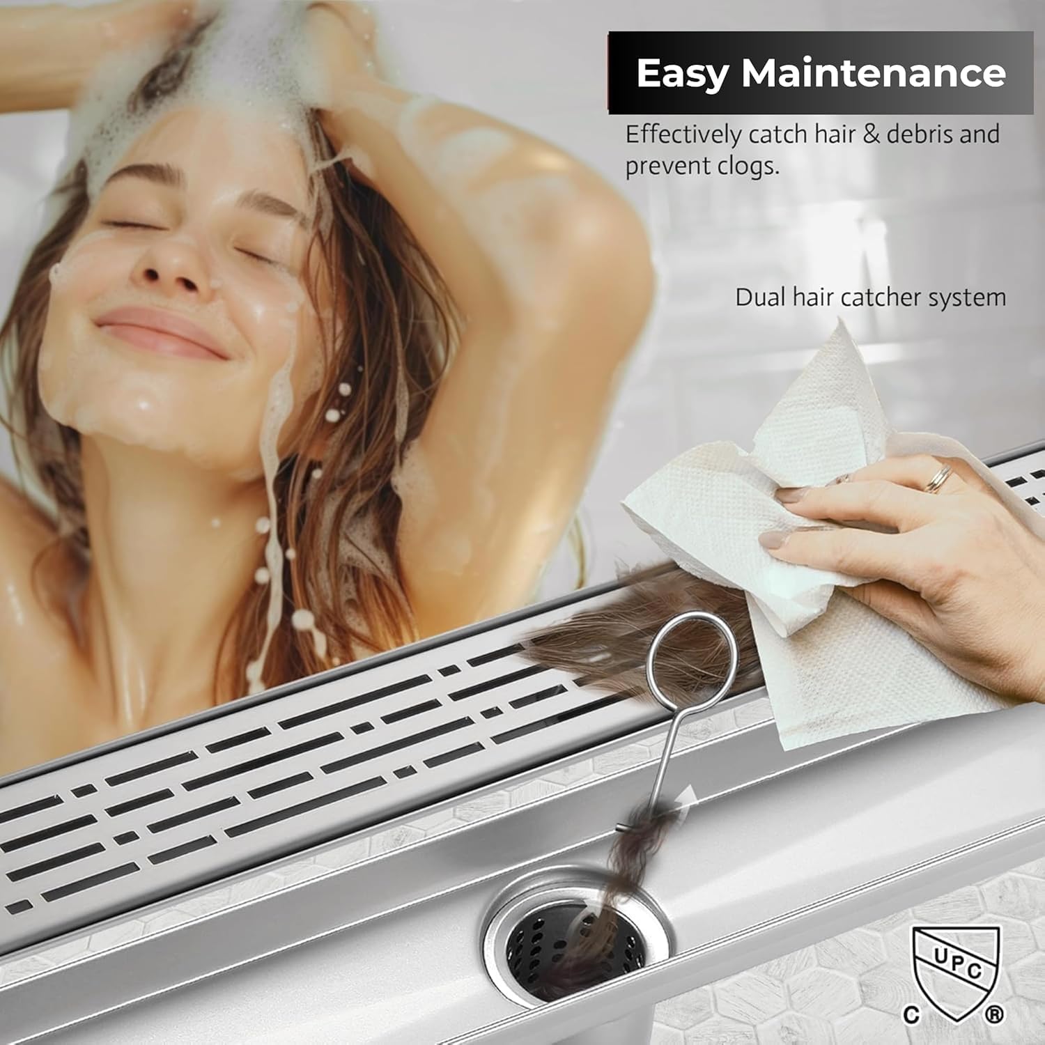 24" Linear Rectangle Shower Floor Drain Channel for Bathroom, Fast Drainage with Hair Strainer, CUPC Certified, Adjustable Leveling Feet with Removable Pattern Grate (Brushed Nickel, 24 Inch)