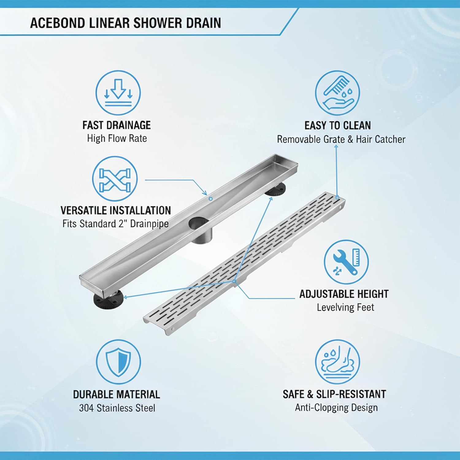24" Linear Rectangle Shower Floor Drain Channel for Bathroom, Fast Drainage with Hair Strainer, CUPC Certified, Adjustable Leveling Feet with Removable Pattern Grate (Brushed Nickel, 24 Inch)