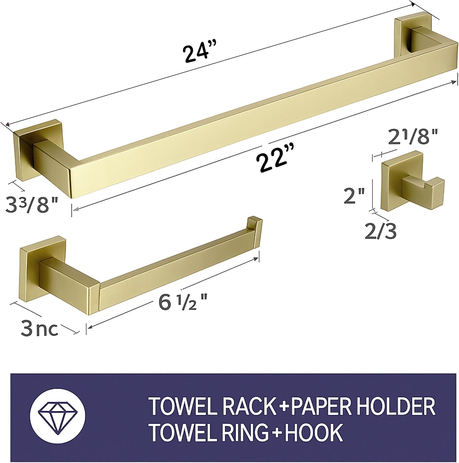 Towel Rack Set - Premium SUS304 Stainless Steel Towel Holder, Hand Towel Holder, Rustproof Bathroom Accessories - Includes 24" Bar, 6.5" Toilet Paper Holder, 2" Hook (Gold)