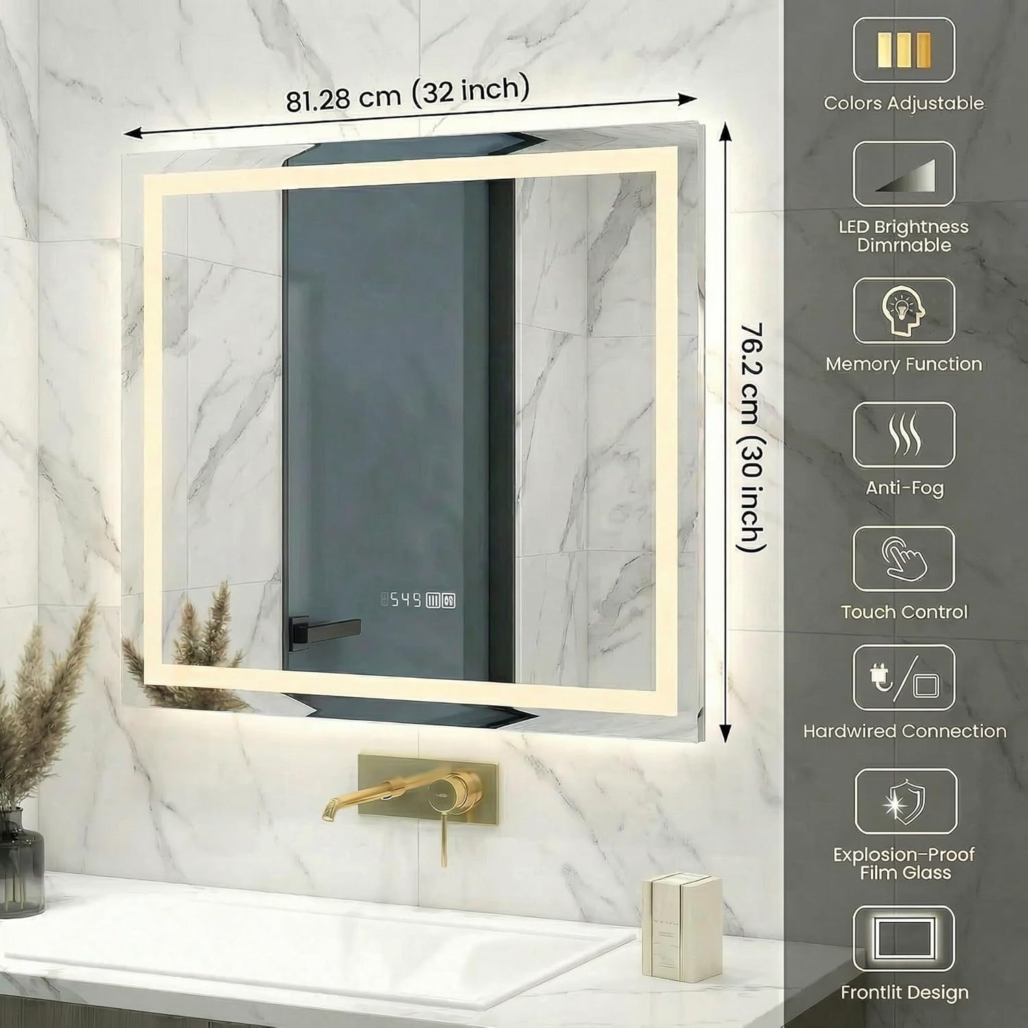 Mango Arched LED Bathroom Mirror, Anti-Fog, Dimmable 3-Color Light, 30 x 32 Inch