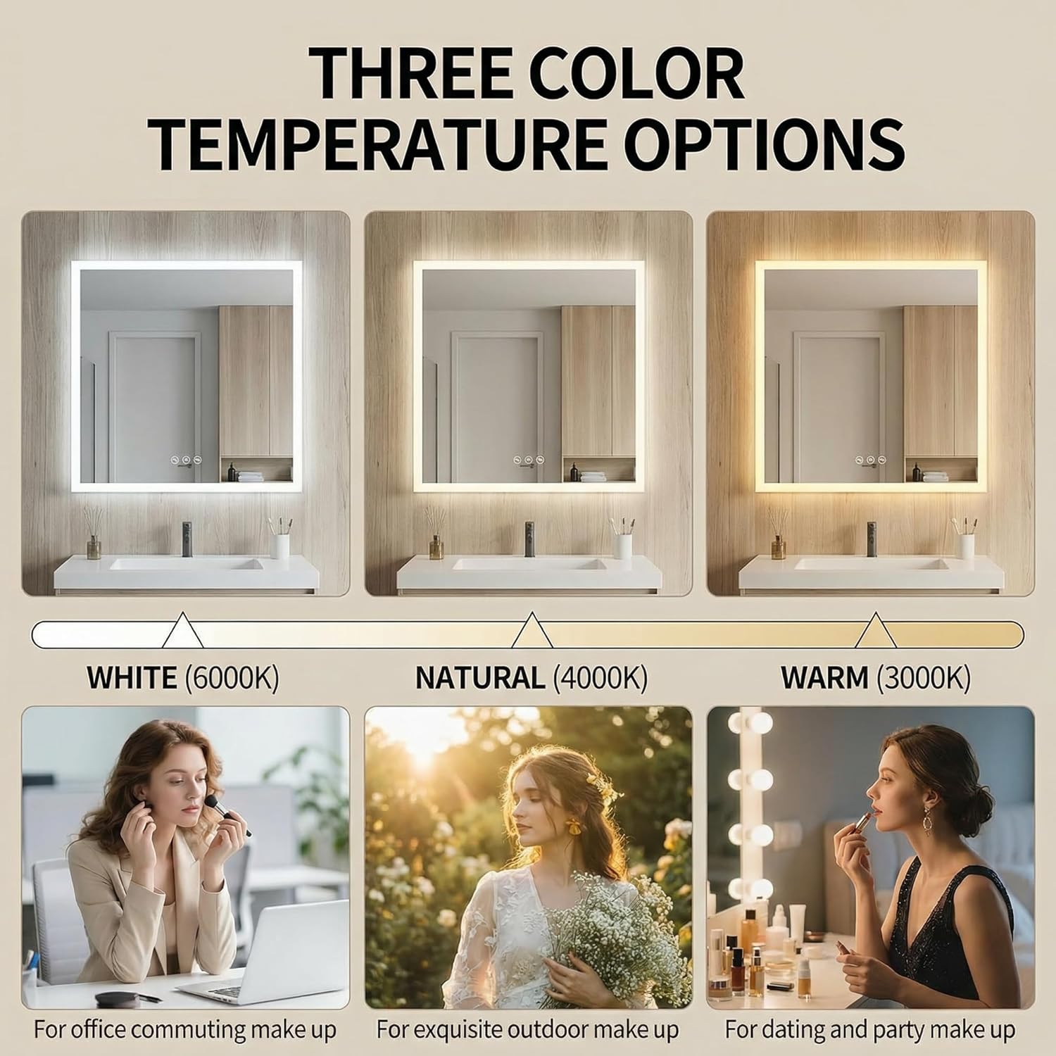 Mango 28 x 32 Inch Rectangular LED Bathroom Mirror with Anti-Fog and Dimmable 3-Color Light