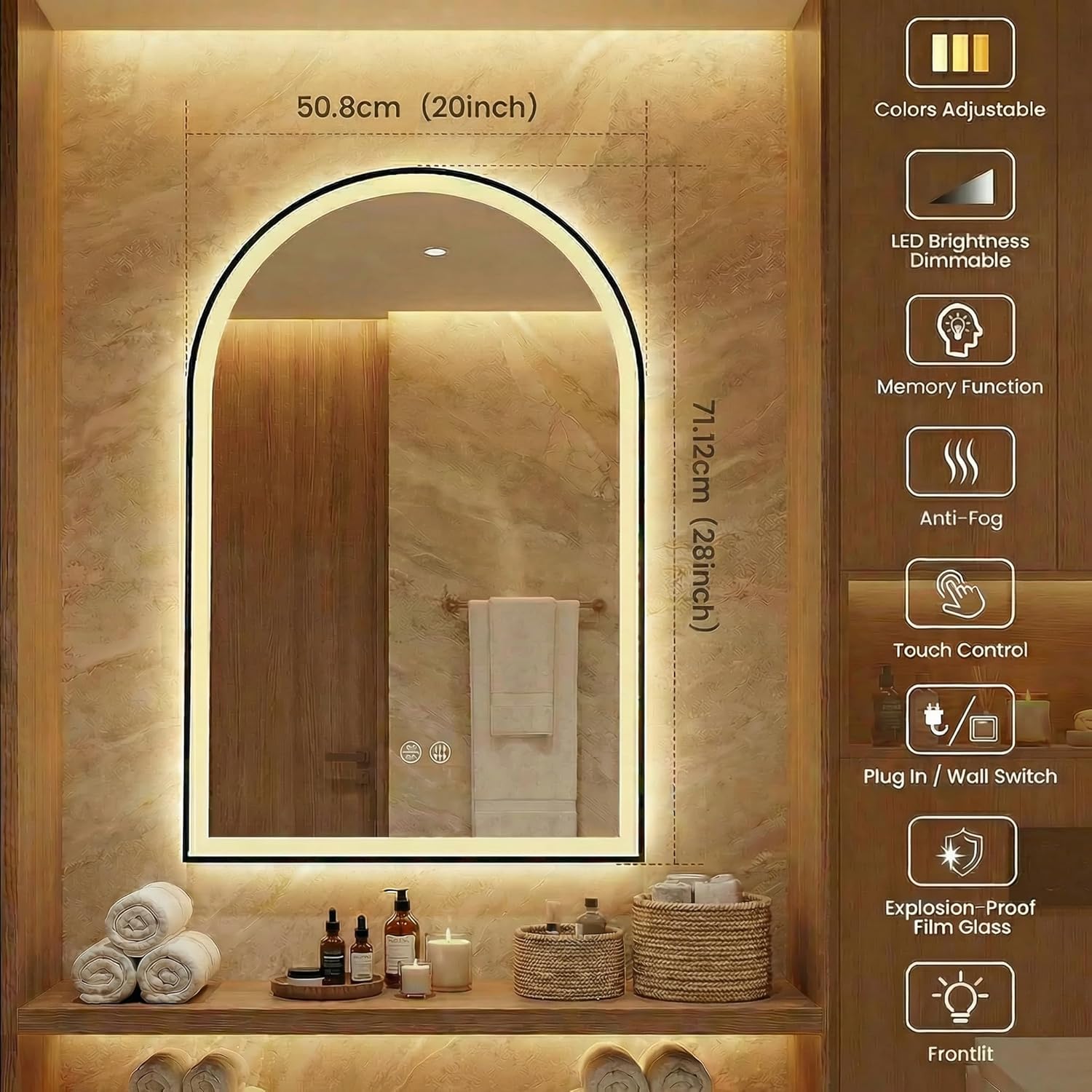 Mango 20 x 28 Inch Arched LED Bathroom Mirror with Anti-Fog and Dimmable Light