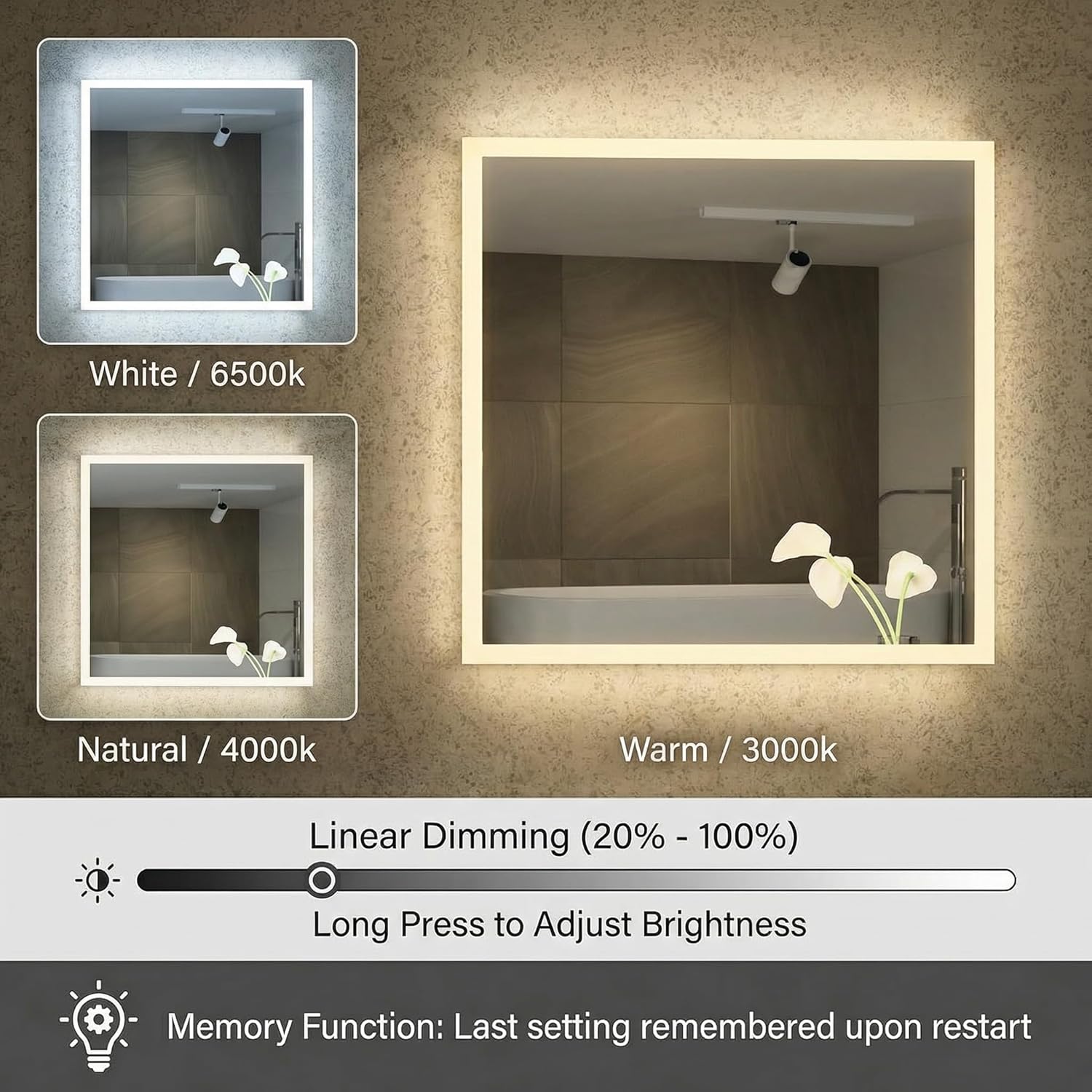 Mango 28 x 32 Inch Rectangular LED Bathroom Mirror with Anti-Fog and Dimmable 3-Color Light