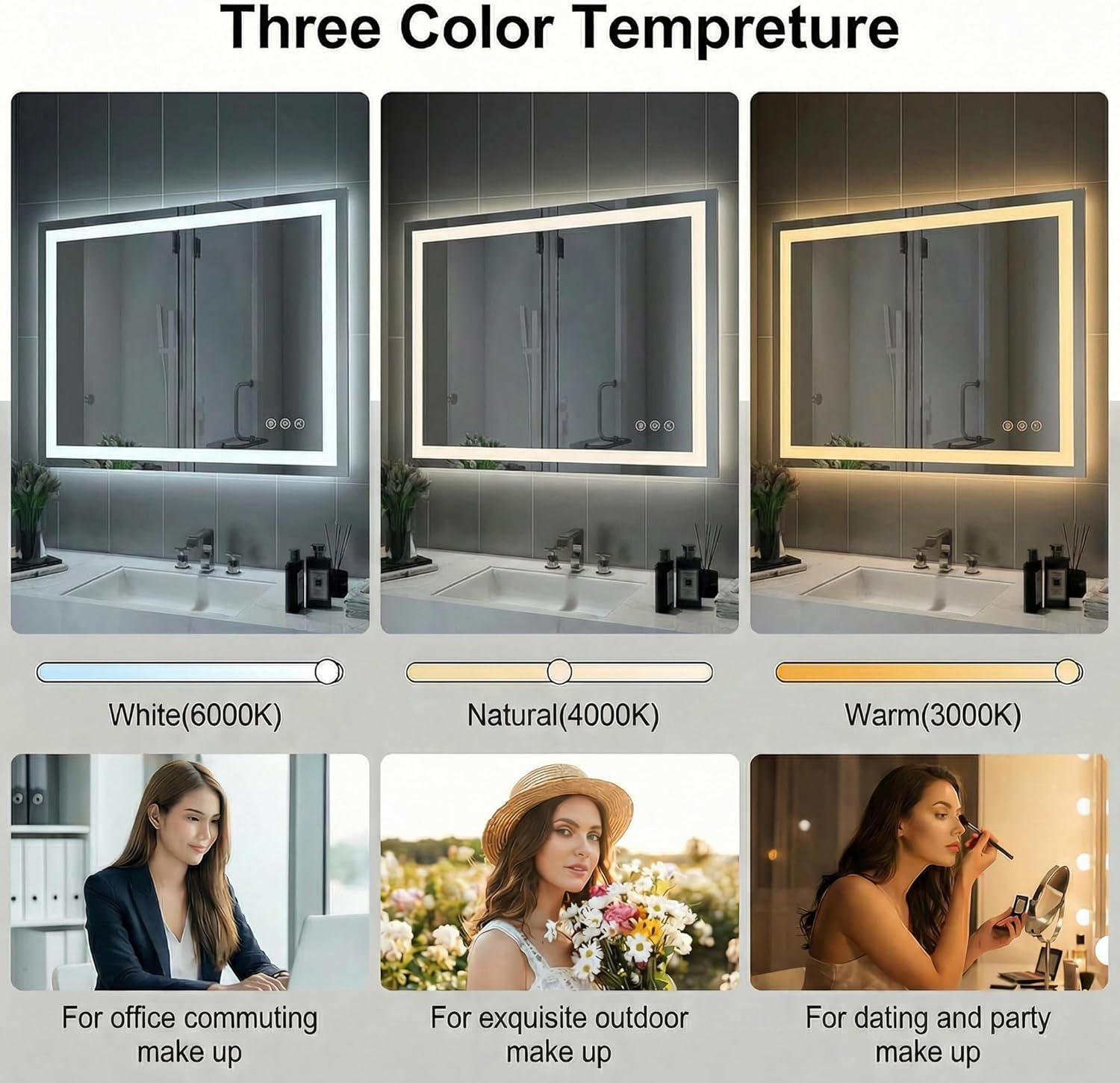 Mango 48 x 32 Inch Rectangular LED Bathroom Mirror with Anti-Fog and Dimmable 3-Color Light