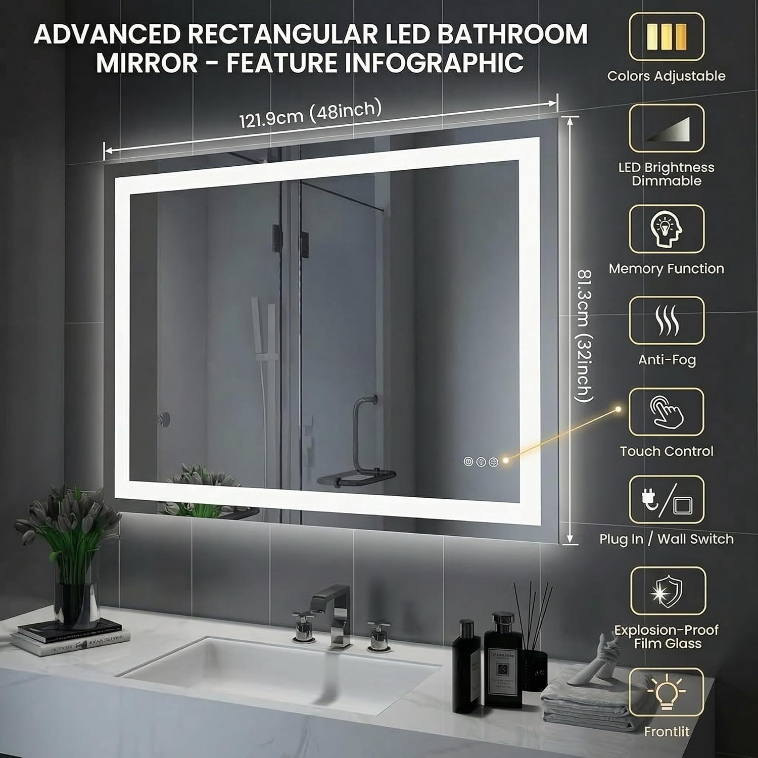 Mango 48 x 32 Inch Rectangular LED Bathroom Mirror with Anti-Fog and Dimmable 3-Color Light