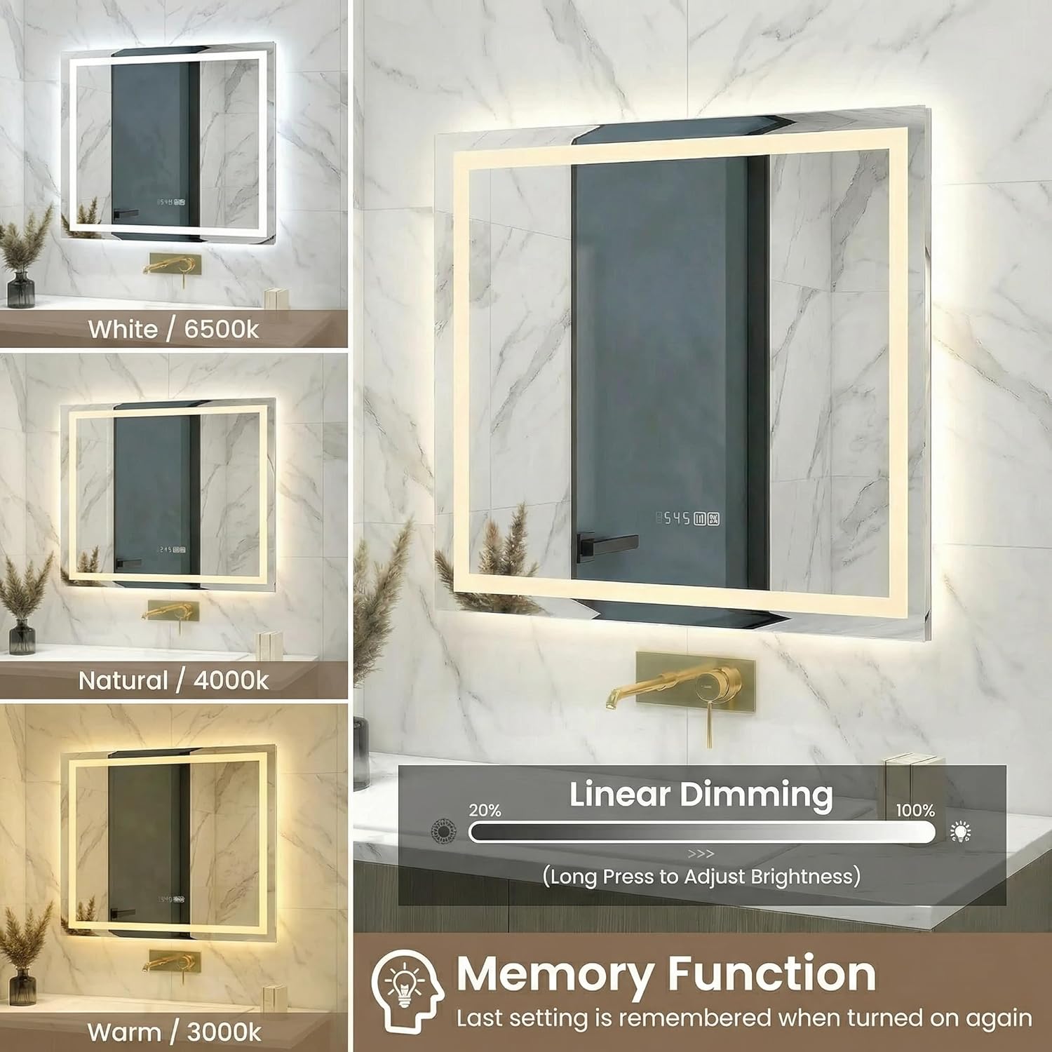 Mango Arched LED Bathroom Mirror, Anti-Fog, Dimmable 3-Color Light, 30 x 32 Inch