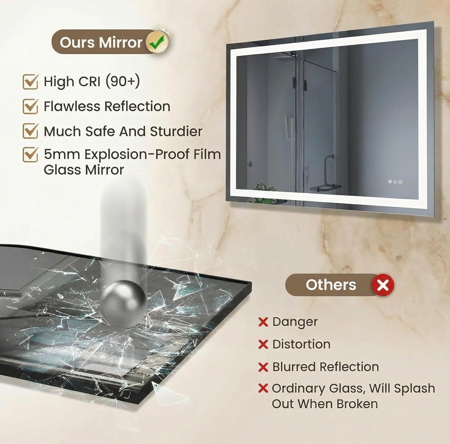 Mango 48 x 32 Inch Rectangular LED Bathroom Mirror with Anti-Fog and Dimmable 3-Color Light
