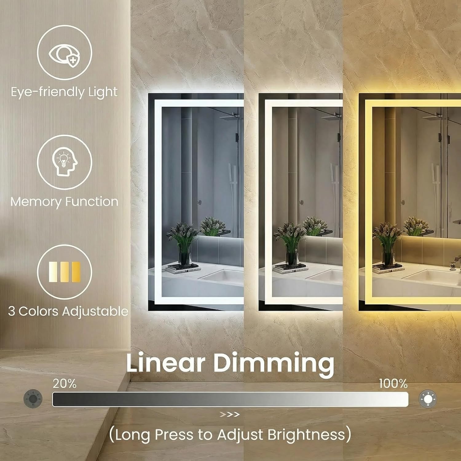 Mango 48 x 32 Inch Rectangular LED Bathroom Mirror with Anti-Fog and Dimmable 3-Color Light