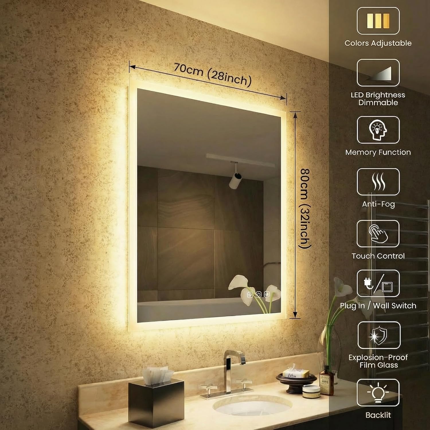 Mango 28 x 32 Inch Rectangular LED Bathroom Mirror with Anti-Fog and Dimmable 3-Color Light