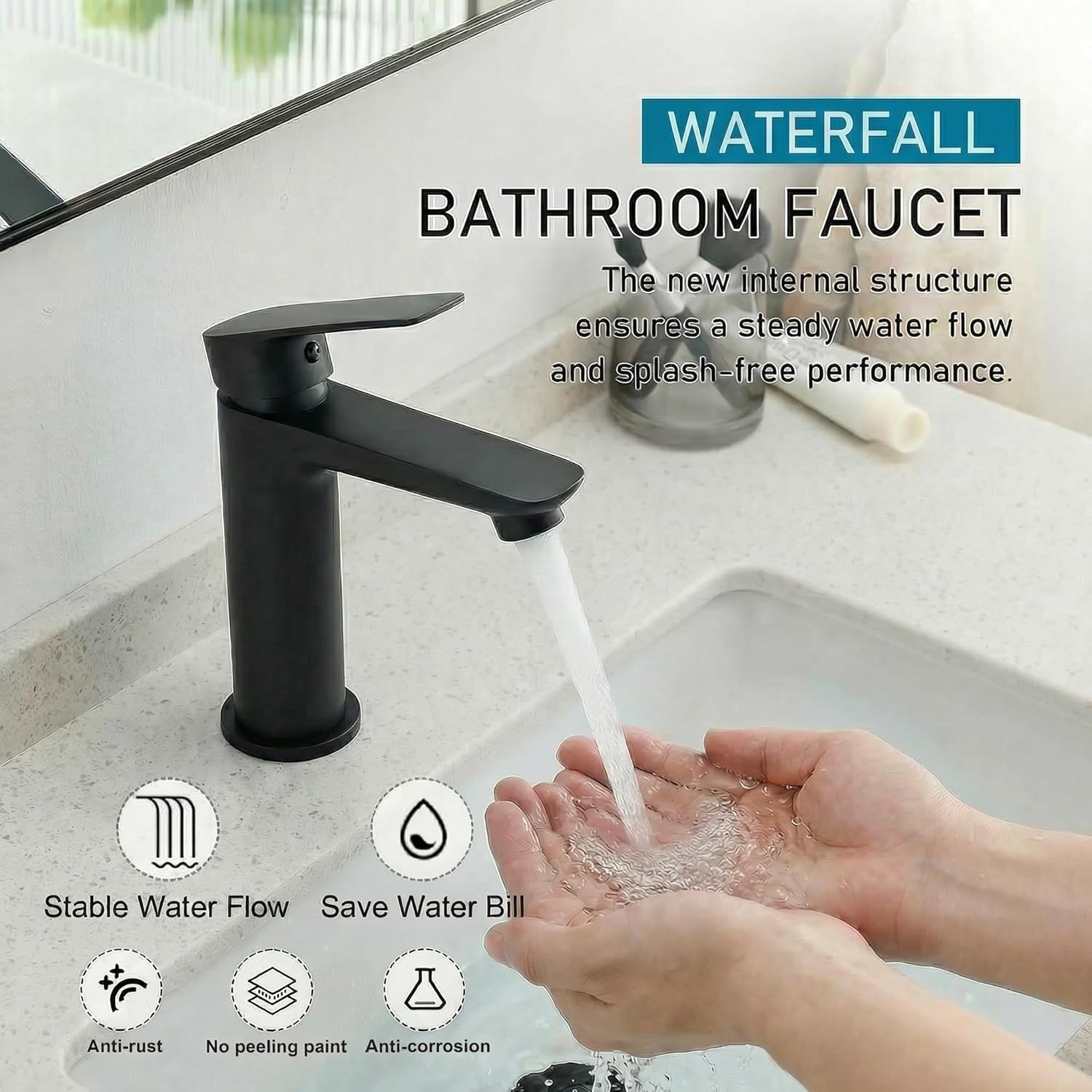 Black Single Hole Bathroom Vanity Faucet 1 Hole, Single Handle Bathroom Sink Faucet, Robinet monotrou Salle de bain, 304SUS Stainless Steel with Pure in-Built Copper (Triangular Body, Black)