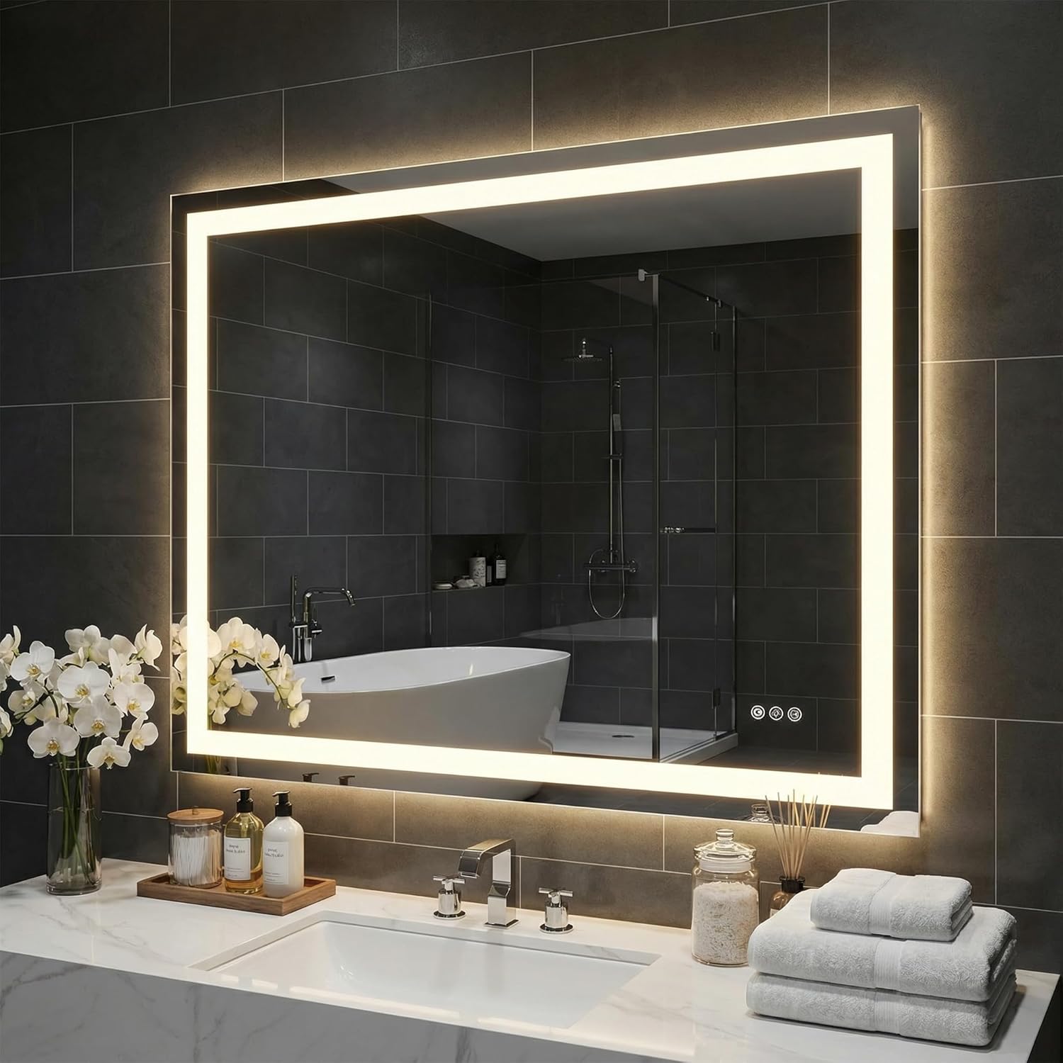 Mango 48 x 32 Inch Rectangular LED Bathroom Mirror with Anti-Fog and Dimmable 3-Color Light