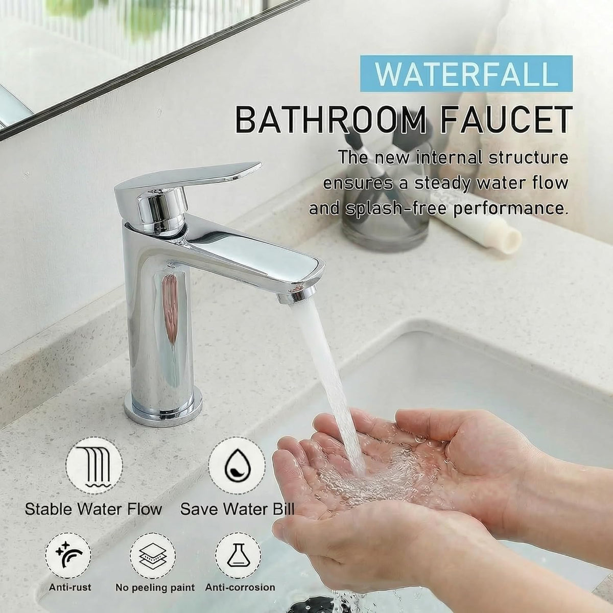 Chrome Single Hole Bathroom Vanity Faucet 1 Hole, Single Handle Bathroom Sink Faucet, 304SUS Stainless Steel with Pure in-Built Copper (Triangular Body, Chrome-30340)