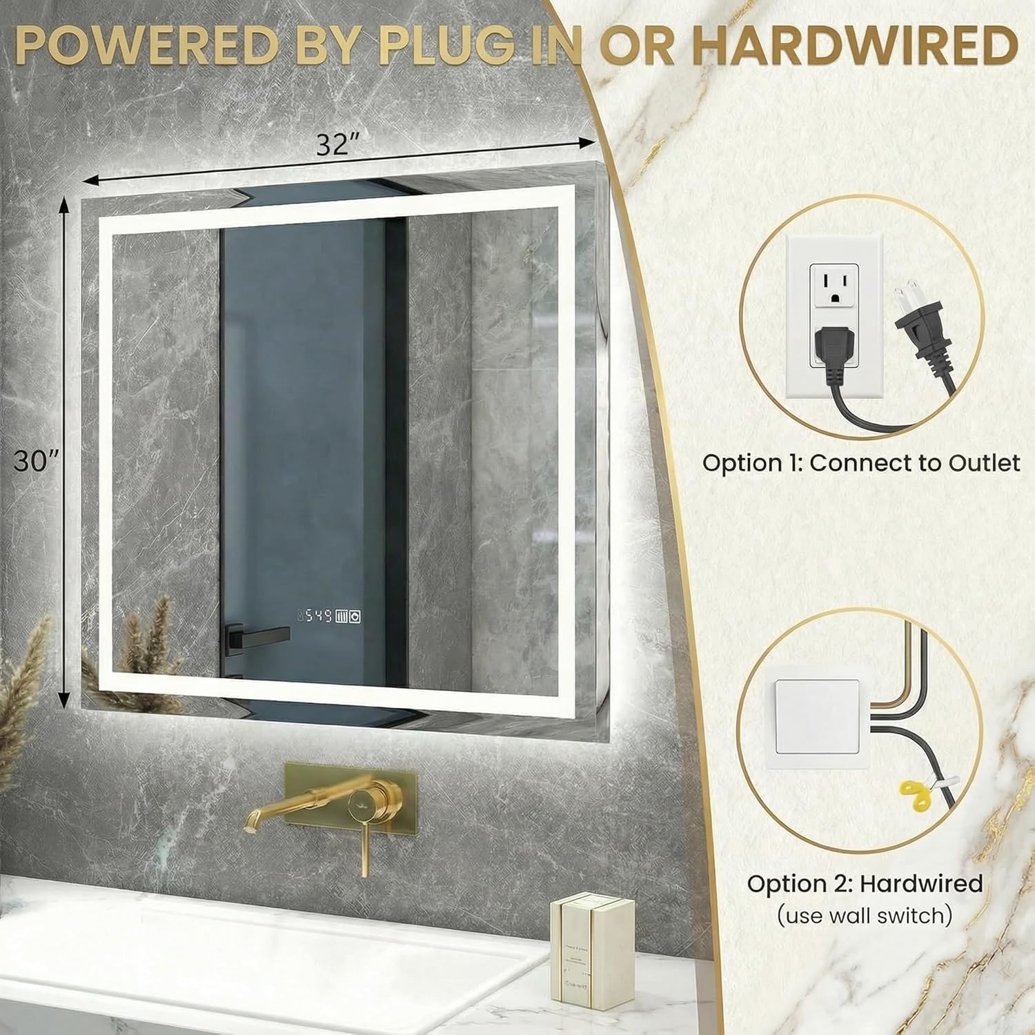 Mango Arched LED Bathroom Mirror, Anti-Fog, Dimmable 3-Color Light, 30 x 32 Inch