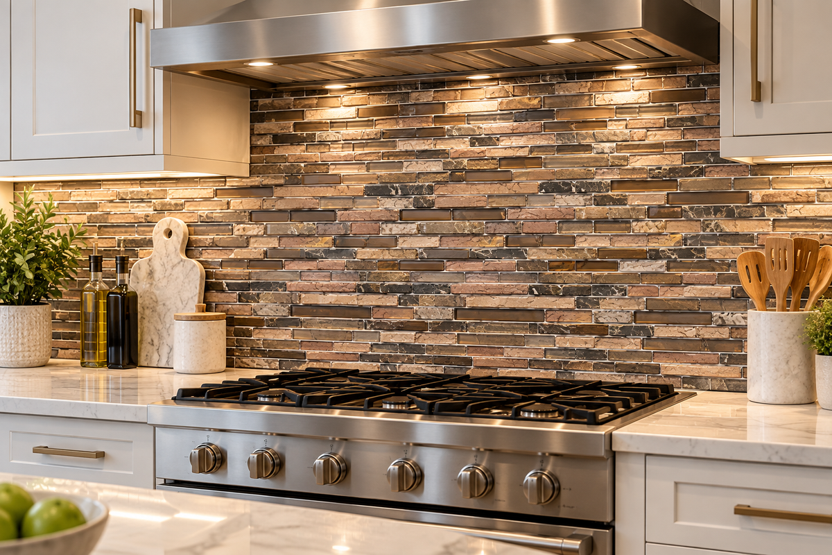 BAYHAM Stone Mix Glass strips Marble Backsplash Mosaic Floor & Wall Tiles(12x12 inch) CH001