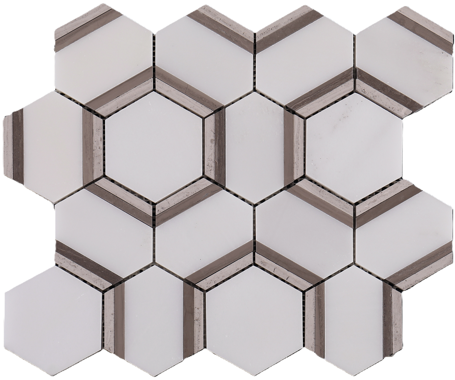 3D Hexagonal Geometric Alps White with Timber Grey Marble Backsplash Mosaic  Wall & Floor Tiles (12x12 inch) DP8925