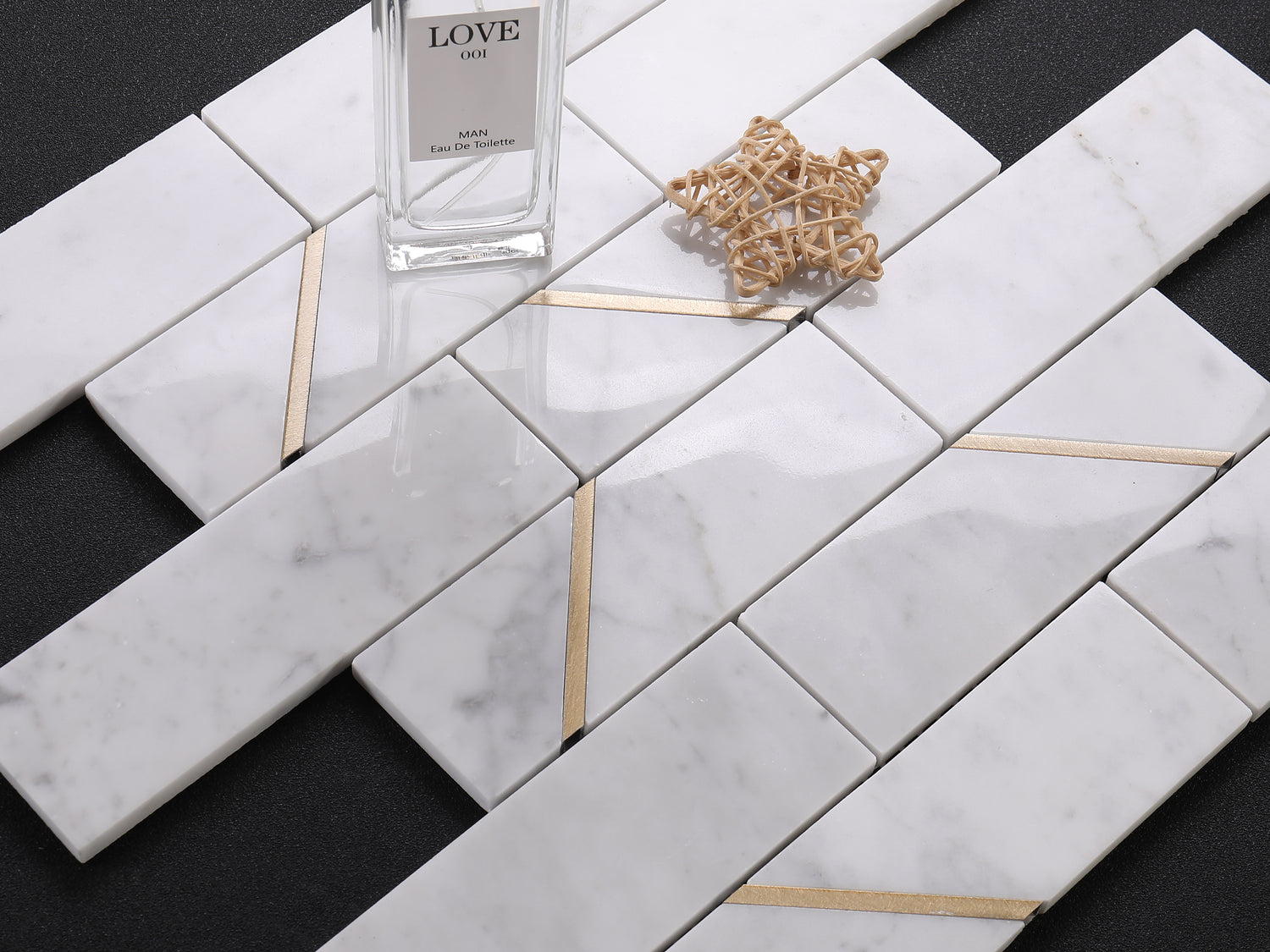 Carrara Marble with Gold Accent Brick Subway Marble Backsplash Floor and Wall Tiles (12x12 inch)DP5955