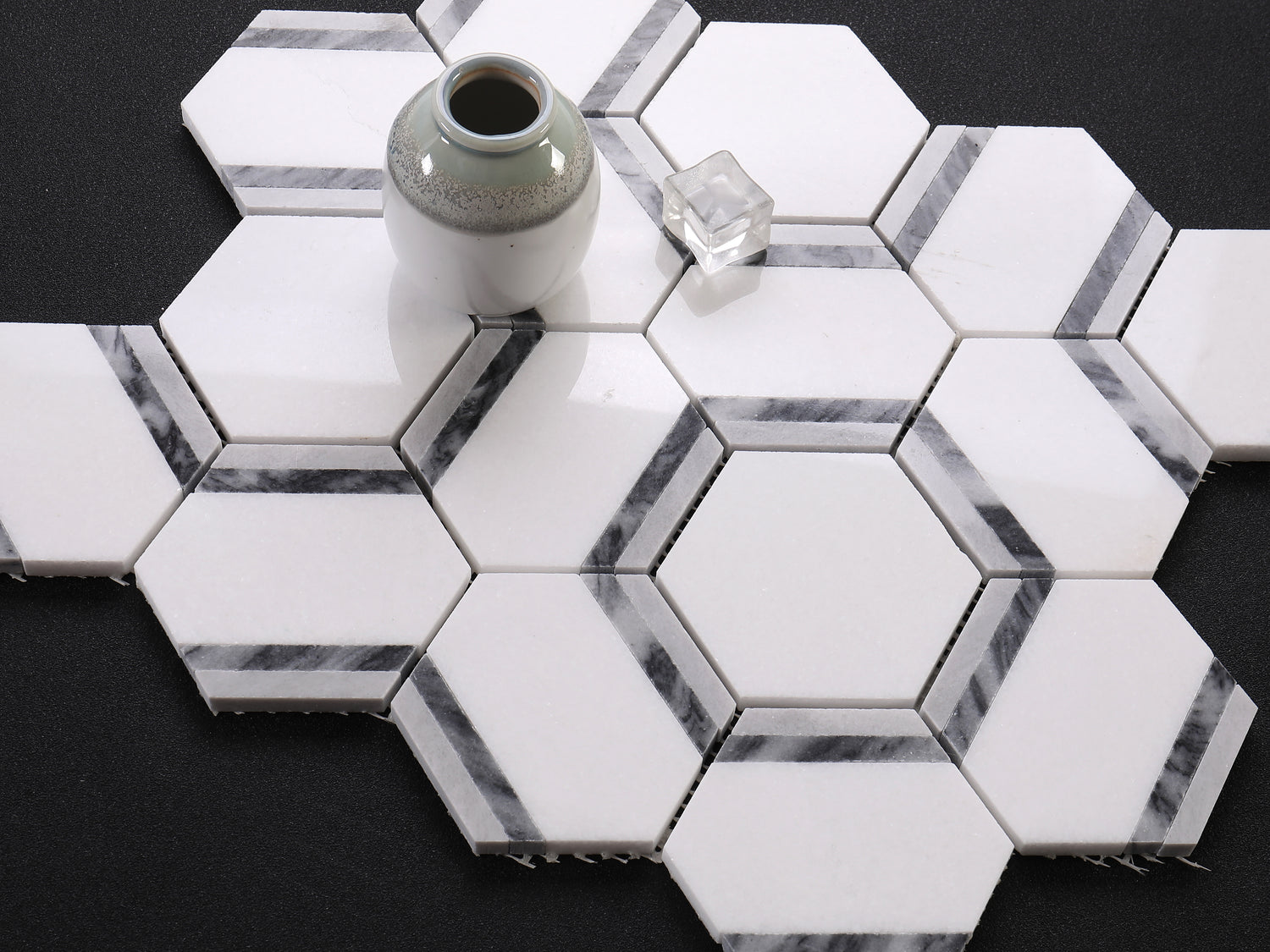 3D Hexagonal Geometric Alps White with Blue Marble Backsplash Mosaic  Wall & Floor Tiles (12x12 inch) DP5956