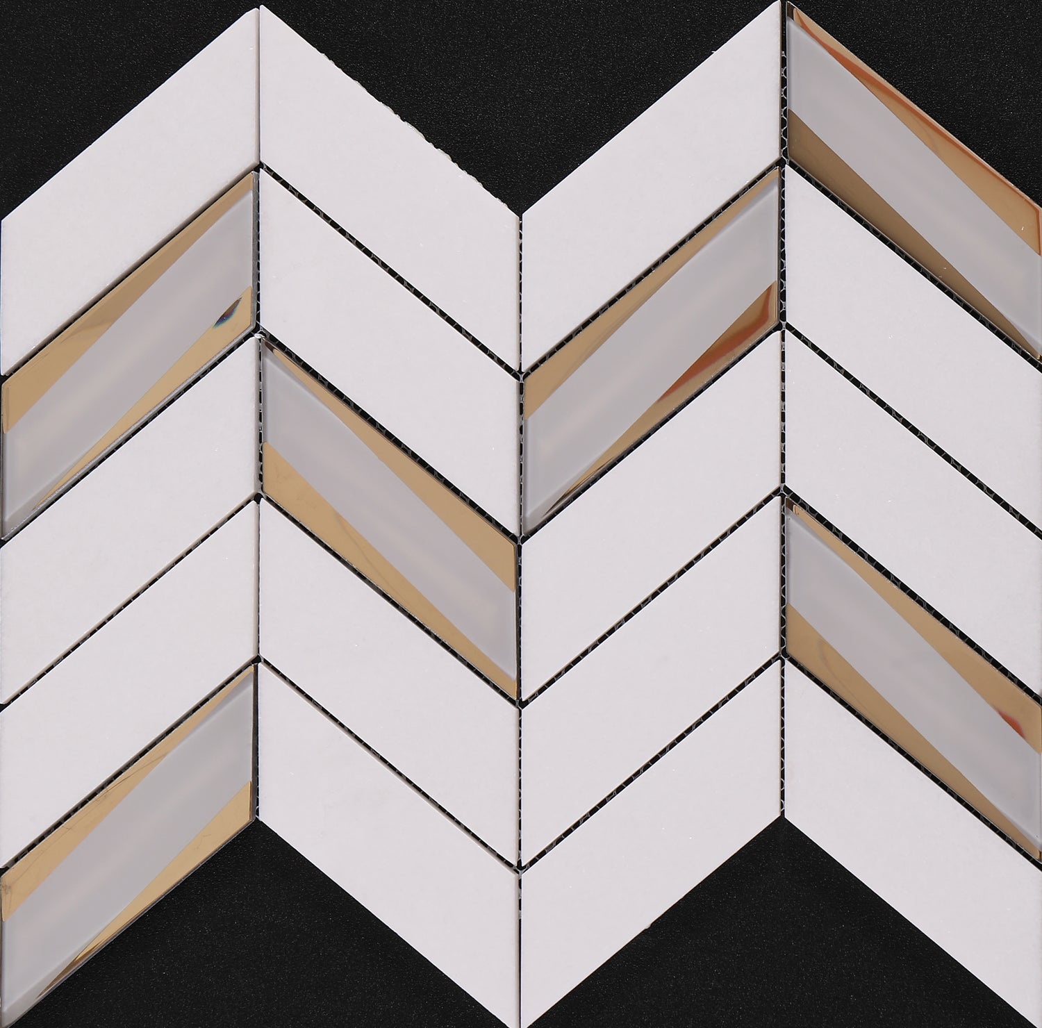 White Marble Mixed with Gold Mirror Glass Accent Chevron Backsplashes Wall Tiles(13.5x10.7 inch)DP5926