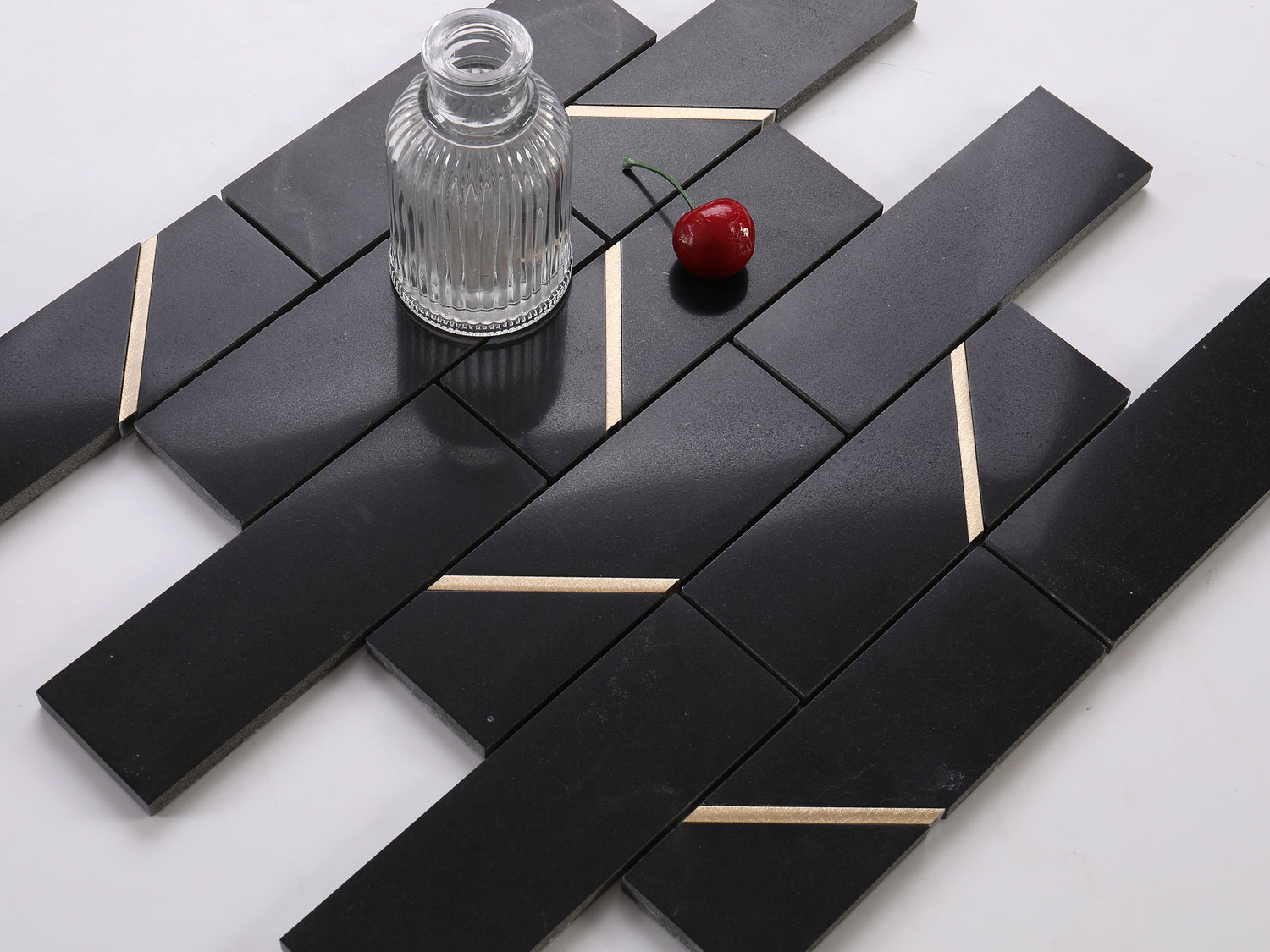 Classic Black 2x6 Brick Pattern Marble with Gold Accent Backsplash Floor and Wall Tiles (12x12 inch) DP5964