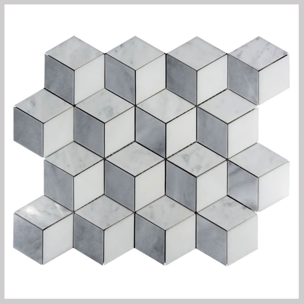 Tile Rectangular Cube 3D Cube White & Grey Marble Mosaic Tile – Modern Geometric Elegance(12 ...