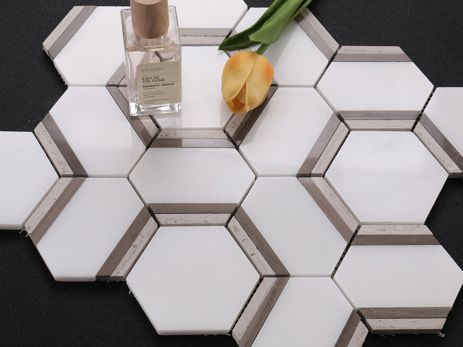 3D Hexagonal Geometric Alps White with Timber Grey Marble Backsplash Mosaic  Wall & Floor Tiles (12x12 inch) DP8925