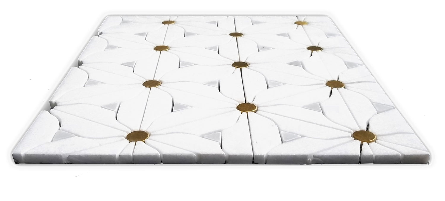 Artistic Gold Floral Thasso White and Metal Backsplash Mosaic Floor & Wall Tiles (12x12 inch)DP8974