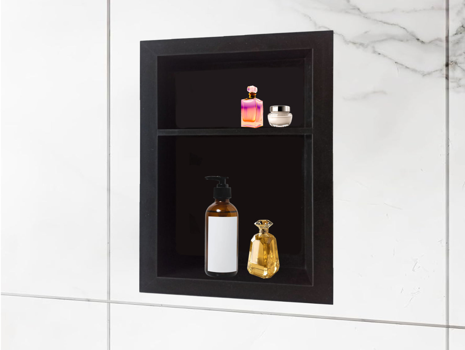 16x24 Mocha Black Marble Shower Niche - Double Shelves