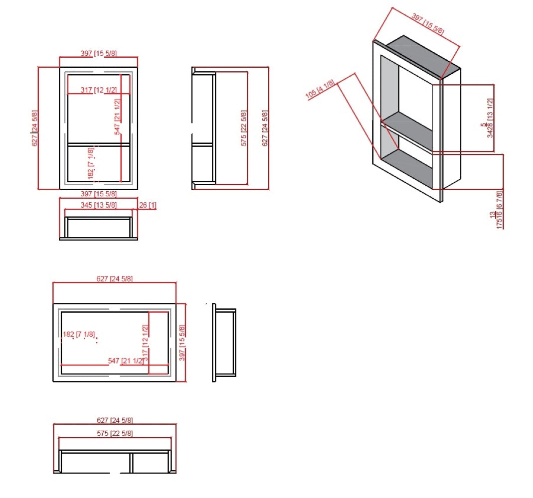 16x24 Mocha Black Marble Shower Niche - Double Shelves