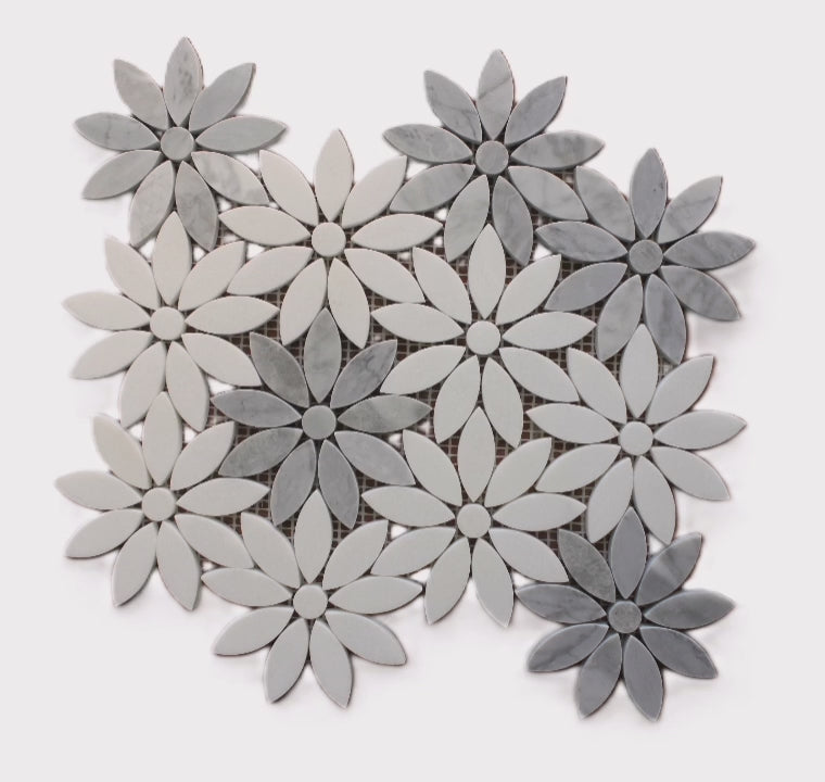 Artistic Floral White and Grey Marble Backsplash Mosaic Floor and Wall Tiles (9.5x11 inch) DP8681
