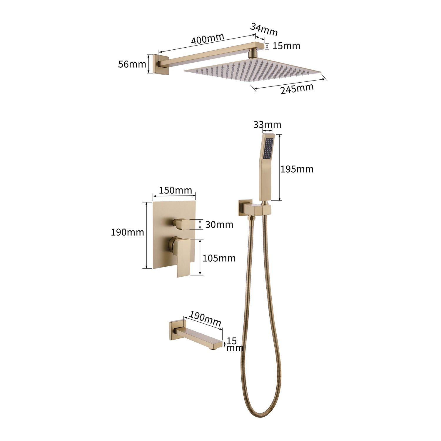 All Brass Bronzed Gold Rainfall Shower Set-Valve included , wall mount